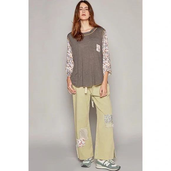 POL Charcoal Slub Knit Scoop Neck Top with Floral Sleeves - Picture 6 of 6